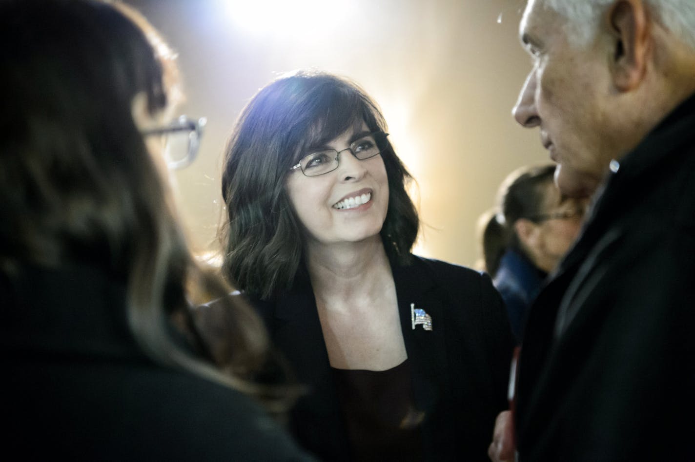 Pam Myhra talked with voters after the debate. ] GLEN STUBBE * gstubbe@startribune.com Thursday, November 19, 2015 GOP candidates at debate on CD2 race at the Gateway Christian Church, Inver Grove Heights.