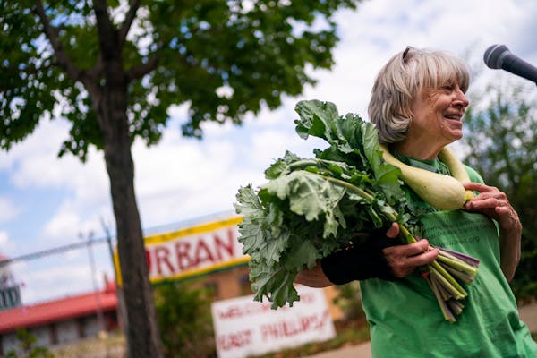 Karen Clark of the East Phillips Neighborhood Institute spoke at an Aug. 1 rally in favor of an urban farm at the site.