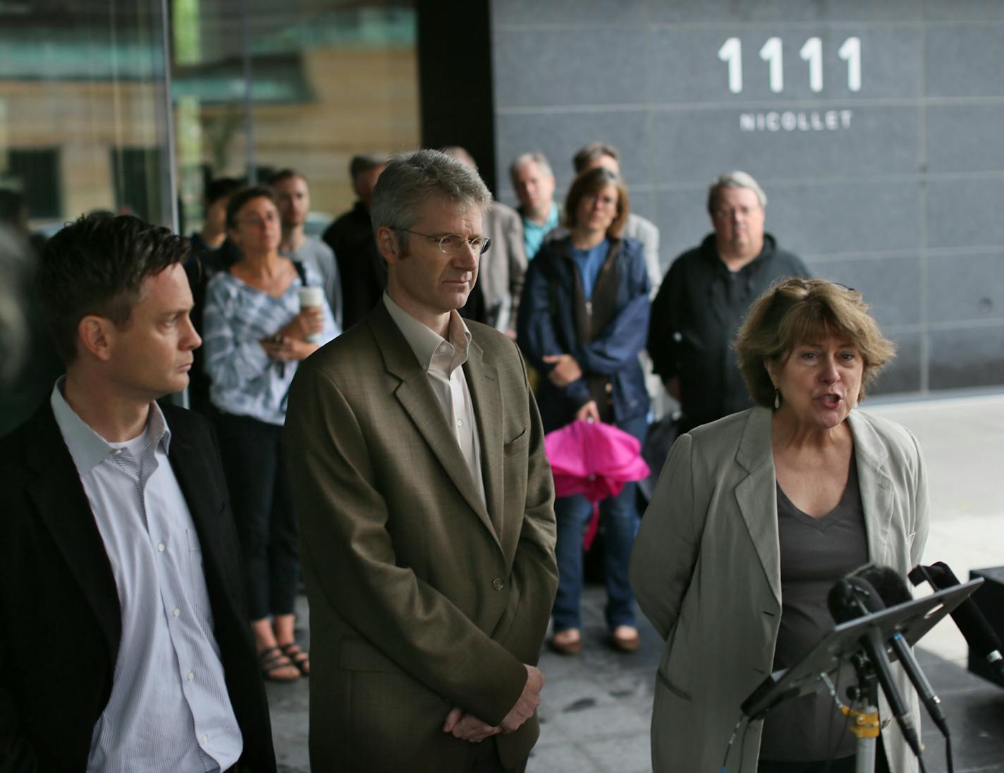 Marcia Peck, right, takes her turn answering questions at the Saturday morning press conference with Doug Wright, left, and Kevin Watkins. Minnesota Orchestra musicians voted 60-0 Saturday against an offer from management.