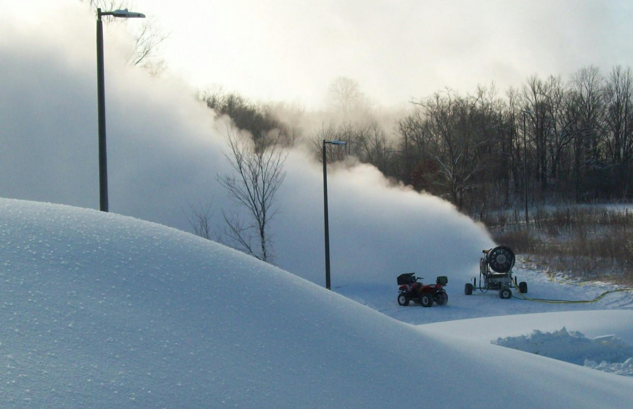 With 15 snow-making machines like this one, Hyland’s new course increases skiable days from 40 to 100 each year.