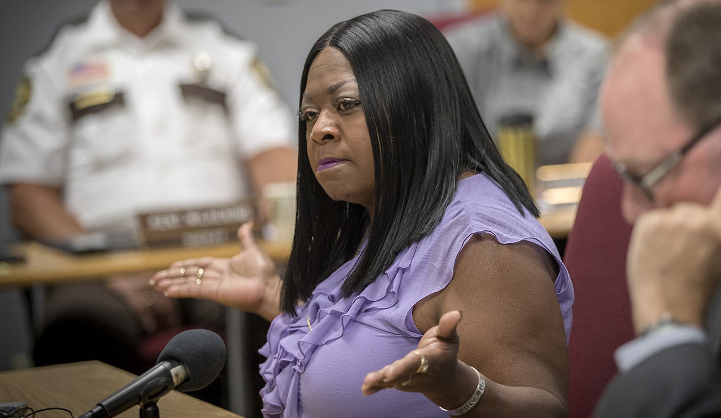 Valerie Castile, mother of Philando Castile, spoke passionately before the Board of Peace Officer Standards and Training (POST), during a vote from a request from Gov. Mark Dayton that a new law enforcement training fund approved by the Legislature this year be named for Philando Castile, Thursday, July 27, 2017 in St. Paul, MN. The name change was voted down. ] ELIZABETH FLORES &#xef; liz.flores@startribune.com