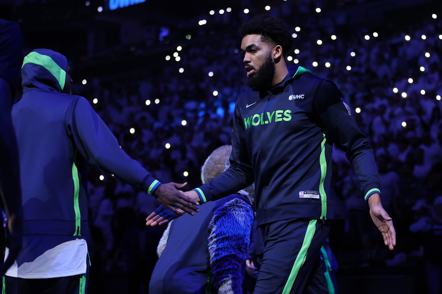 Karl-Anthony Towns (32) of the Minnesota Timberwolves is introduced to play the Denver Nuggets in Game Three of the Western Conference First Round Playoffs at Target Center on Apr. 21, 2023, in Minneapolis, Minnesota. (Gregory Shamus/Getty Images/TNS) ORG XMIT: 78939012W