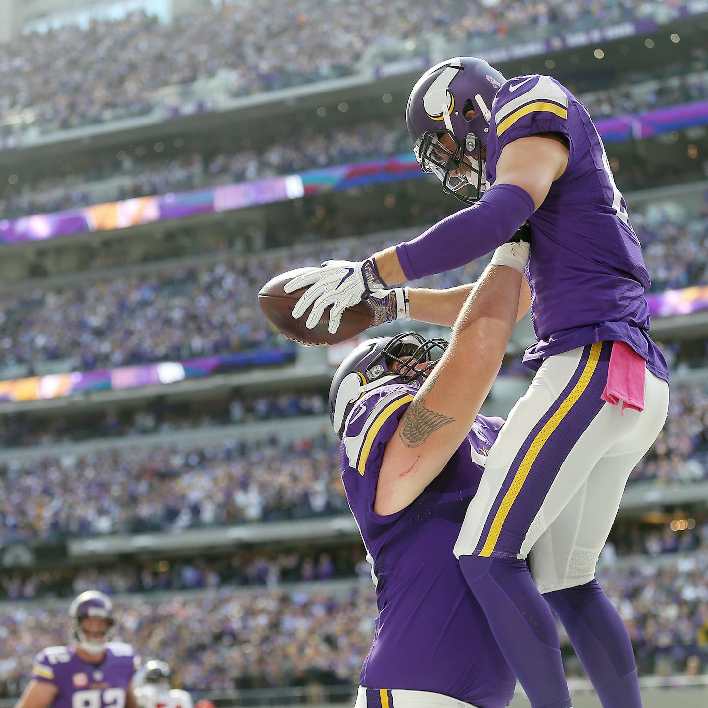 Minnesota Vikings wide receiver Adam Thielen was celebrated a touchdown with teammate offensive tackle Jeremiah Sirles in the first quarter as they took on the Houston Texans at US Bank Stadium, Sunday, October 9, 2016 in Minneapolis, MN. ] (ELIZABETH FLORES/STAR TRIBUNE) ELIZABETH FLORES &#x2022; eflores@startribune.com