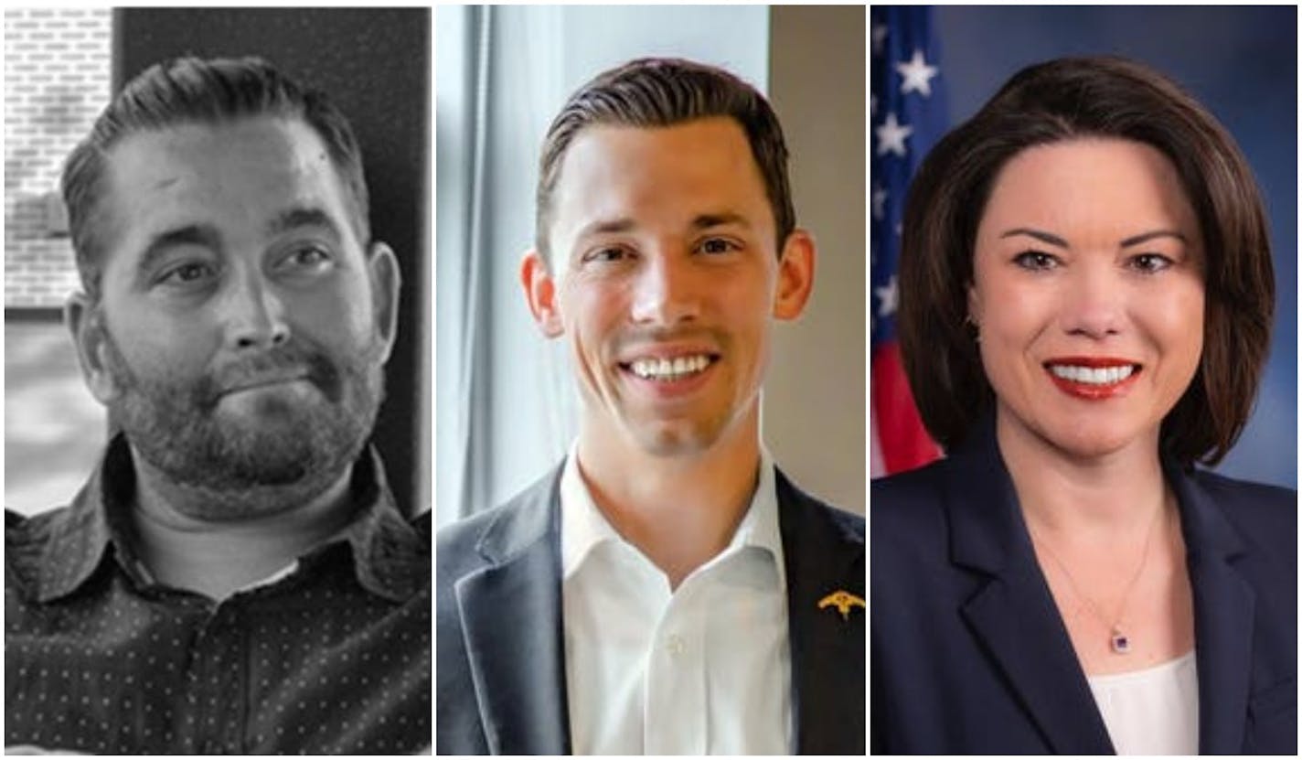 Adam Weeks, left, Tyler Kistner and Angie Craig squared off in the Second District, but Weeks, the Legal Marijuana Now candidate, died before the election.