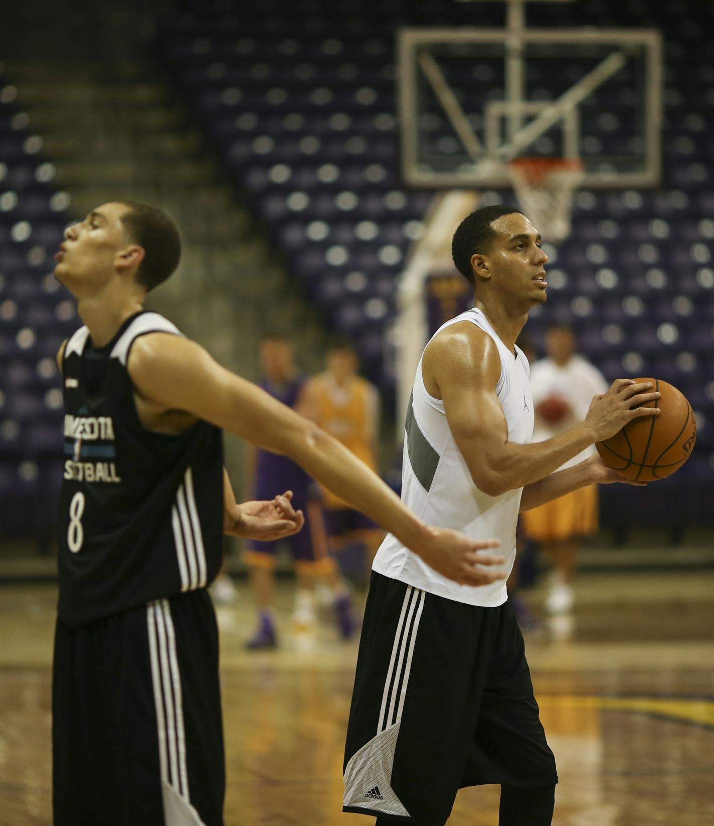 With rookie Zach LaVine at left, Kevin Martin practiced shooting after the Timberwolves workout Tuesday afternoon at Bresnan Arena in Taylor Center in Mankato. ] JEFF WHEELER &#x201a;&#xc4;&#xa2; jeff.wheeler@startribune.com After a midnight scrimmage Monday night, the Minnesota Timberwolves worked out Tuesday afternoon, September 29, 2014 at Bresnan Arena in Taylor Center on the campus of Minnesota State University, Mankato.