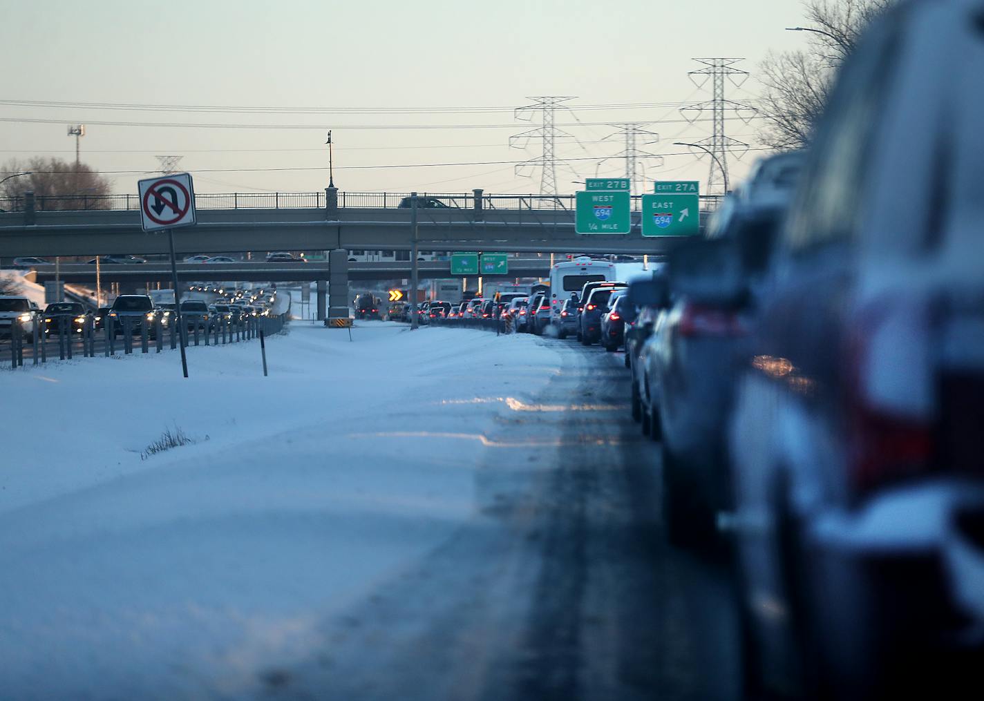 A spring snowstorm leaving nearly a foot of snow in some areas of the metro made for slick driving conditions, where traffic was backed up in both directions because of a crash on I-35W at I-694 Wednesday in New Brighton. DAVID JOLES � david.joles@startribune.com A spring snowstorm leaving nearly a foot of snow in some areas of the metro made for slick driving conditions, causing an accident on I-35W at I-694 Wednesday, April 4, 2018, in New Brighton, MN.]