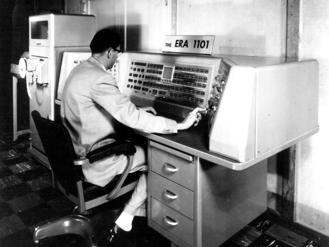 Computer scientist Earl Joseph operated the ERA 1101, a computer he helped to create, in the 1950s.