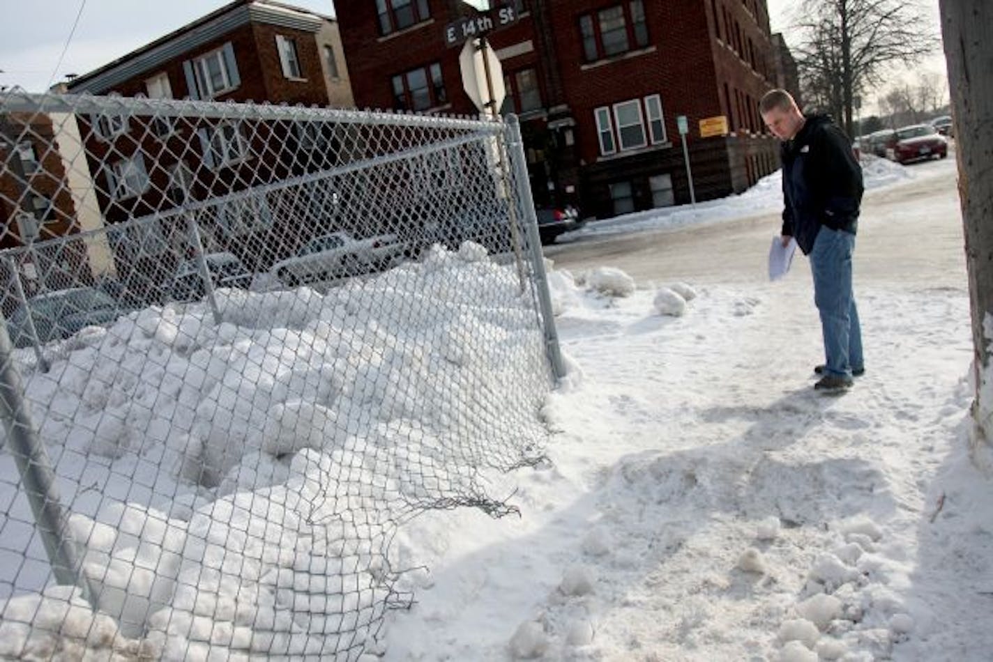 Matt Hanan, who inspects sidewalks for the city of Minneapolis, checked out a not-very-pedestrian-friendly stretch in a past winter.