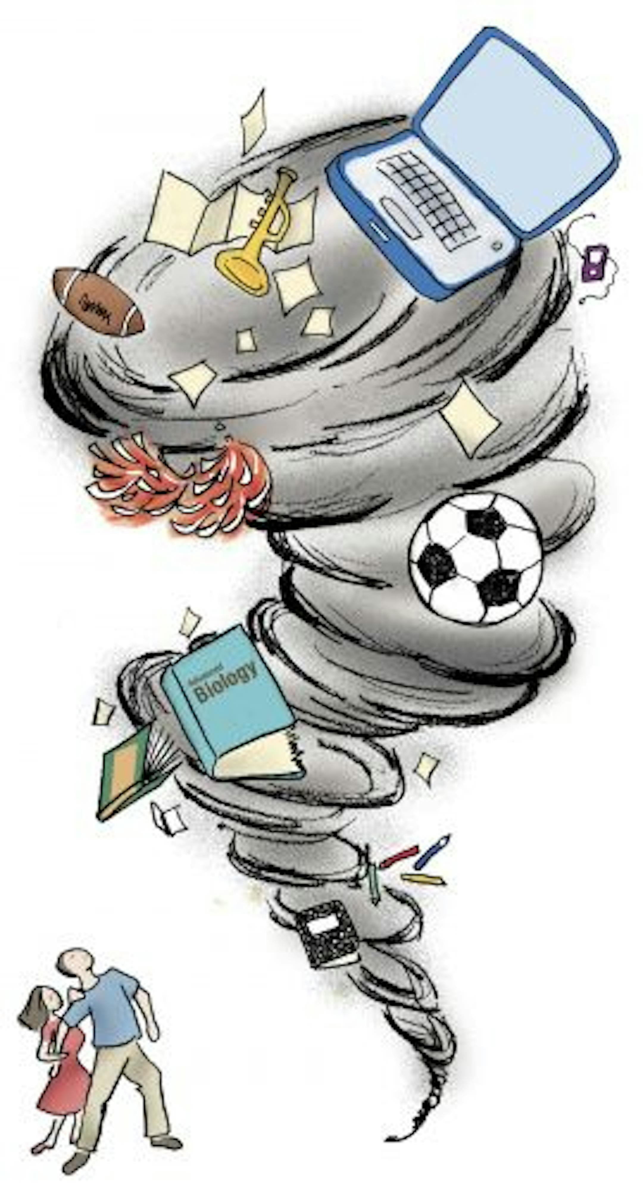 300 dpi Susan Ardis color illustration of the back-to-school storm, represented by a tornado swirling with textboosk, computers and sports equipment. The State (Columbia, S.C.) 2009<p>