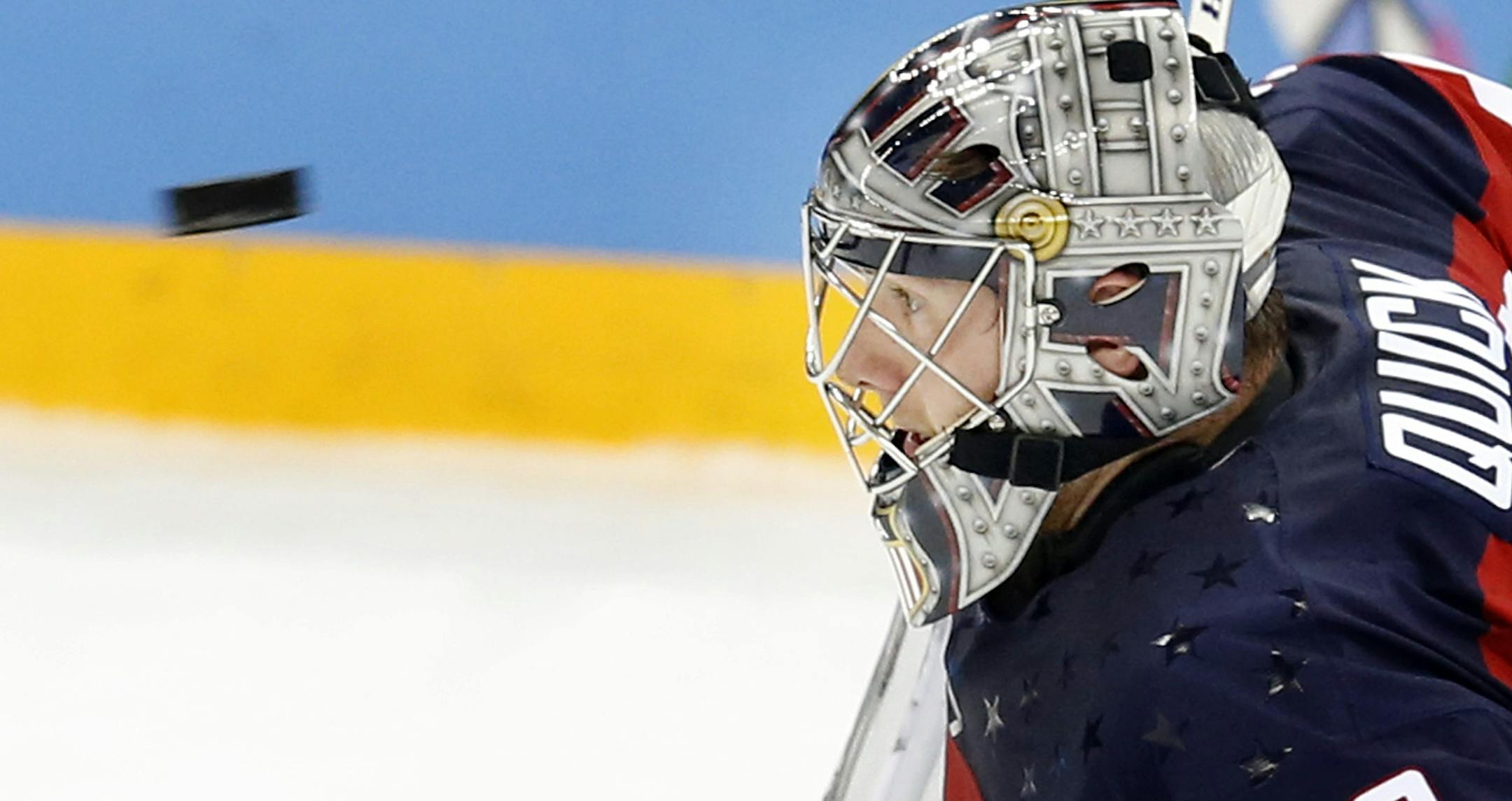 Team USA goalie Jonathan Quick (32) prepared to block a shot in the first period. USA beat Slovakia by a final score of 7-1. ] CARLOS GONZALEZ cgonzalez@startribune.com - February 13, 2013, Sochi, Russia, Sochi 2014 Winter Olympics, Shayba Arena, Men's Hockey, Team USA vs. Slovakia