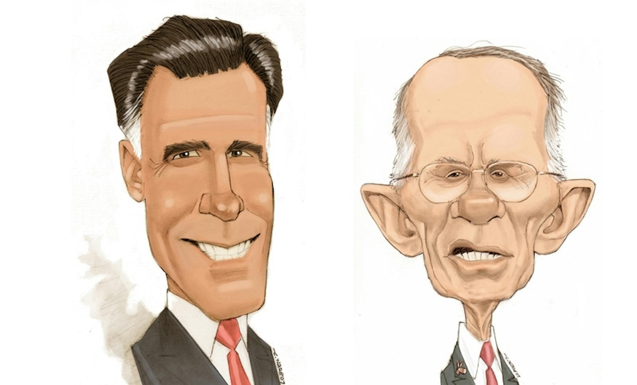 Illustration of Mitt Romney, left, and Harry Reid
