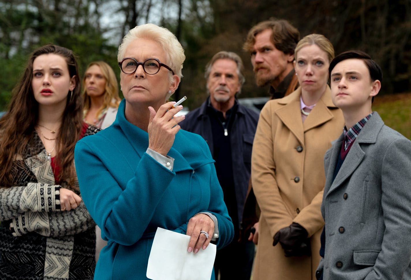 Family members – played by Katherine Langford, Toni Collette, Jamie Lee Curtis, Don Johnson, Michael Shannon, Riki Lindhome and Jaeden Martell – of a wealthy writer are all suspects in his death.