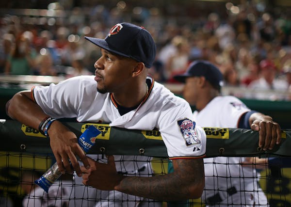 Minnesota Twins center fielder Byron Buxton waited with teammates for Thursday night's game against the Red Sox to get underway at Hammond Stadium.