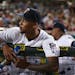 Minnesota Twins center fielder Byron Buxton waited with teammates for Thursday night's game against the Red Sox to get underway at Hammond Stadium.