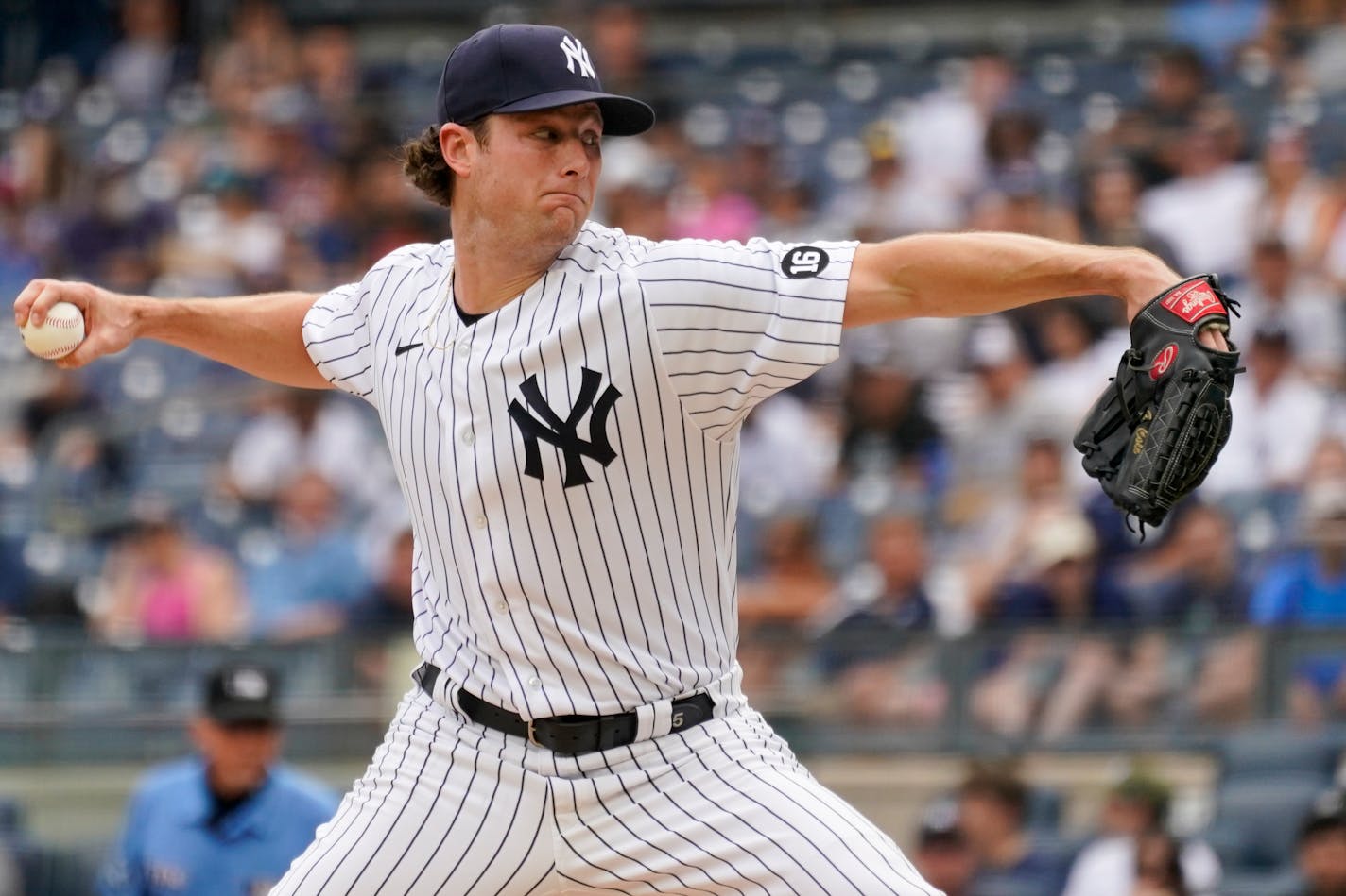 New York Yankees pitcher Gerrit Cole delivers against the Minnesota Twins in the first inning of a baseball game, Saturday, Aug. 21, 2021, in New York. (AP Photo/Mary Altaffer)