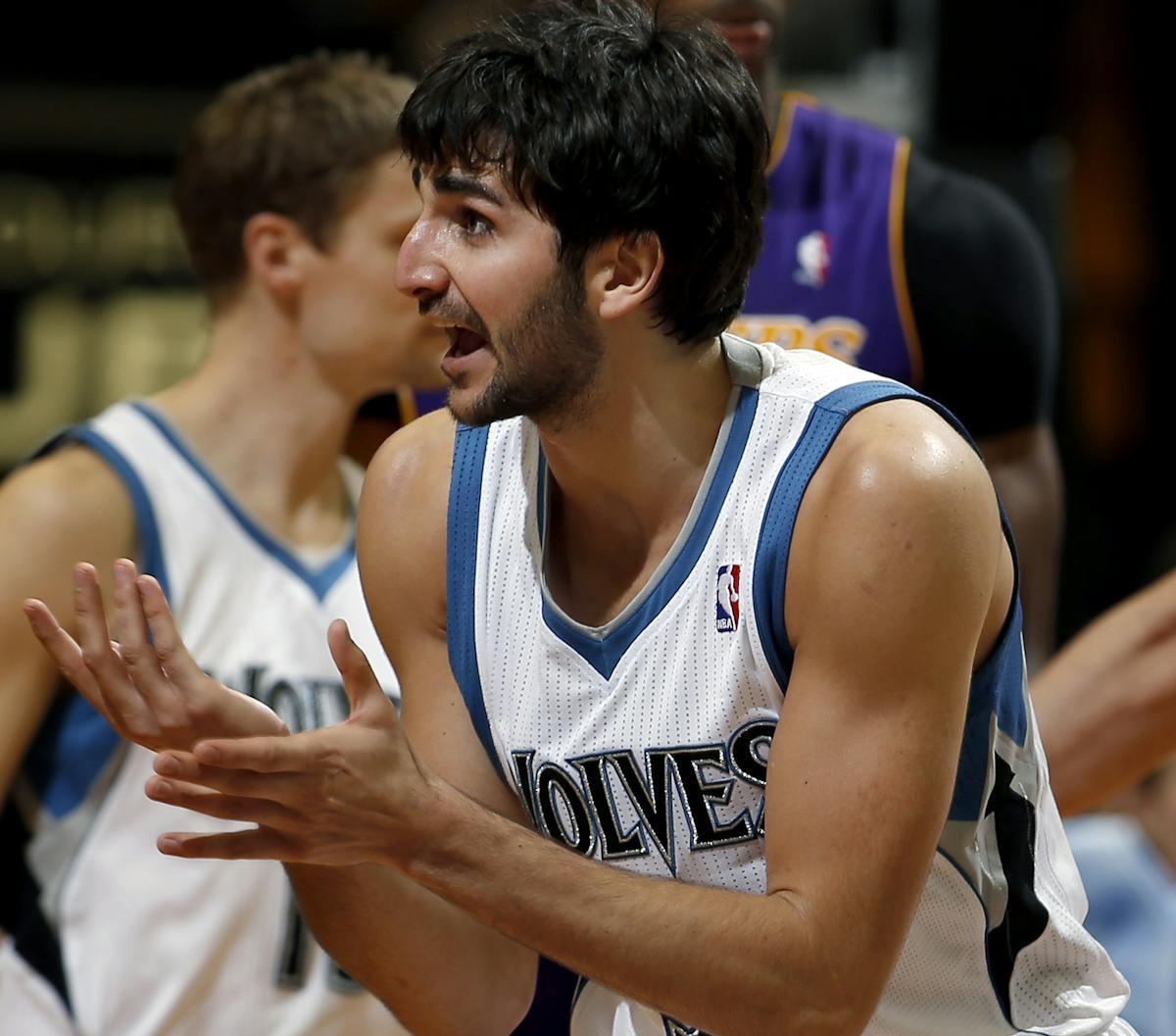 Ricky Rubio (9) pleaded to a referee after he thought he was fouled after taking the last shot of the game. LA beat Minnesota by a final score of 120-