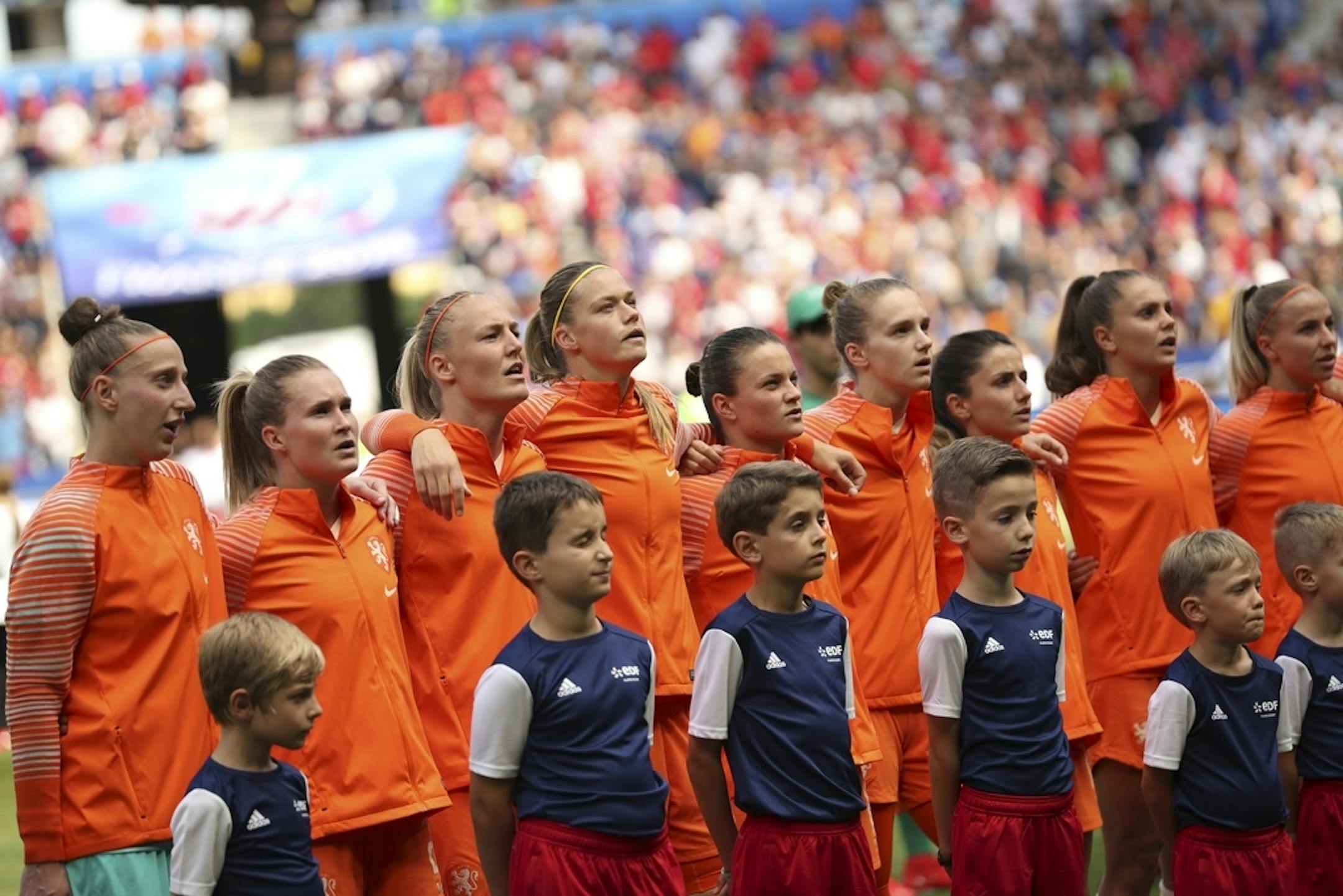 The Netherlands players lineup before the Women's World Cup final soccer match between US and The Netherlands at the Stade de Lyon in Decines, outside Lyon, France, Sunday, July 7, 2019.