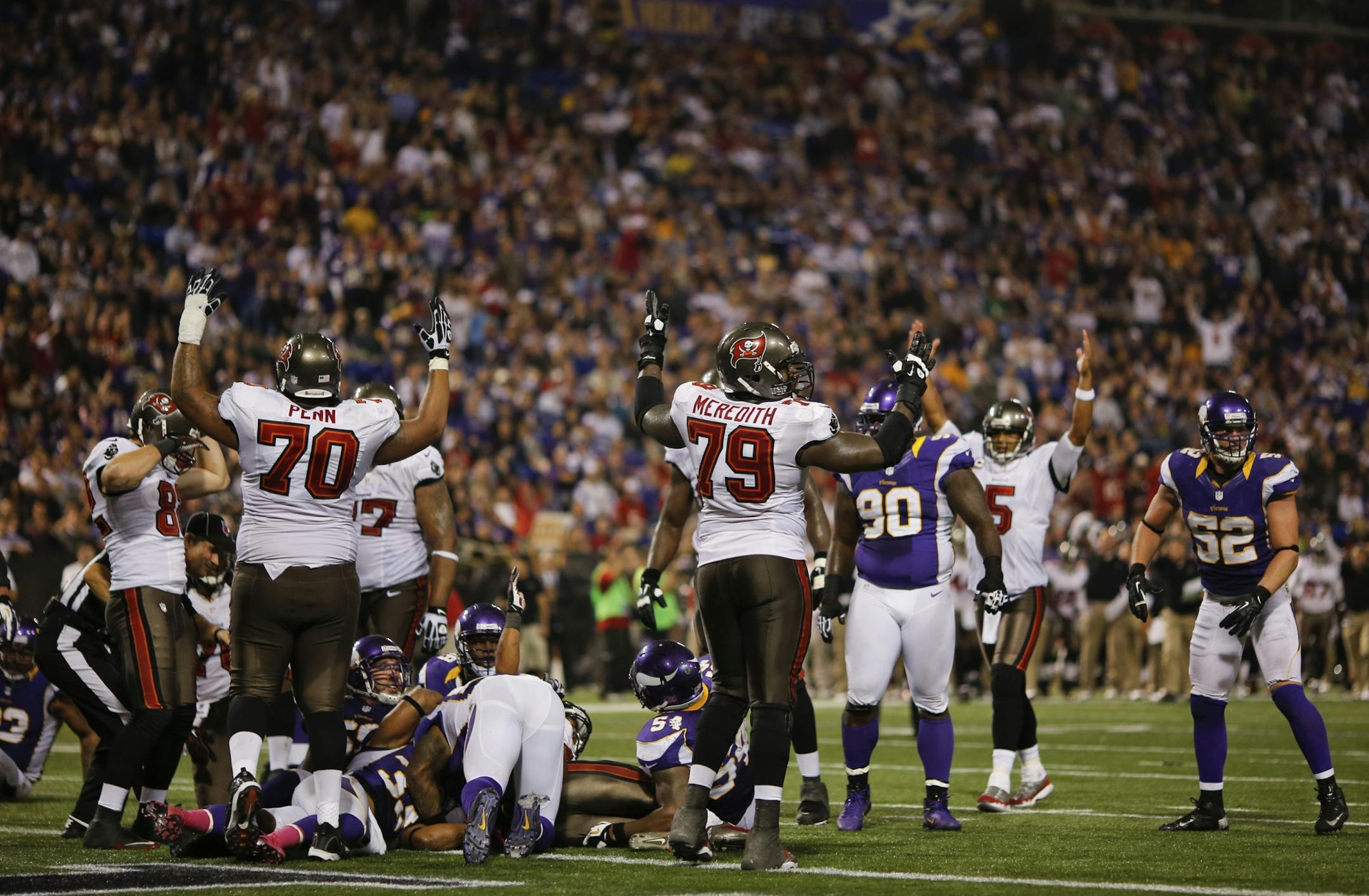 Tampa Bay players signaled the touchdown after running back Doug Martin scored from the one yard line in the fourth quarter.