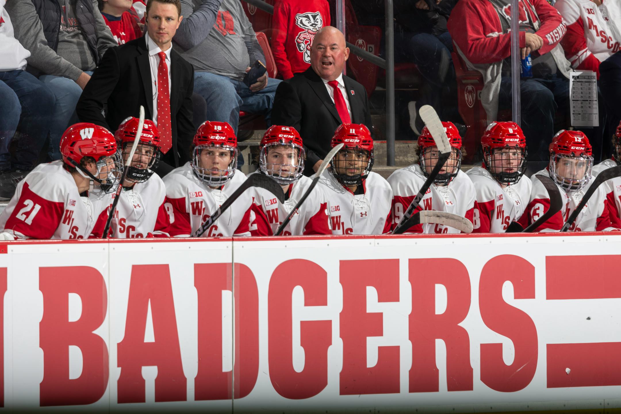 Wisconsin Badgers' head coach Mike Hastings during an NCAA men's hockey match against Augustana Saturday October 7, 2023 in Madison, Wisconsin.