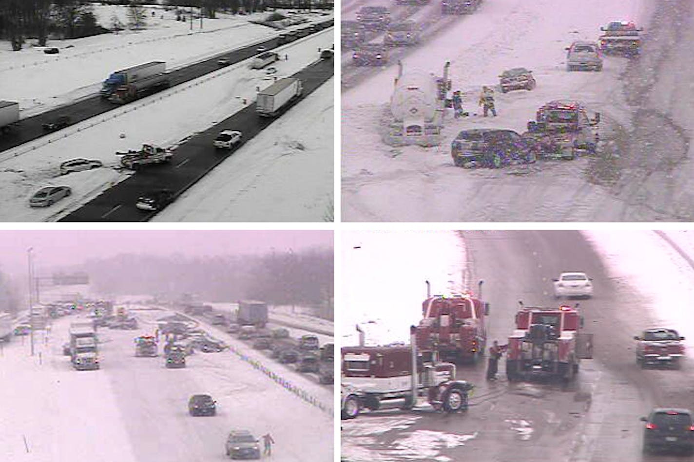 This combination of photos shows some of the crashes near Lakeville on I-35 northbound on Friday, Feb. 28, 2014.