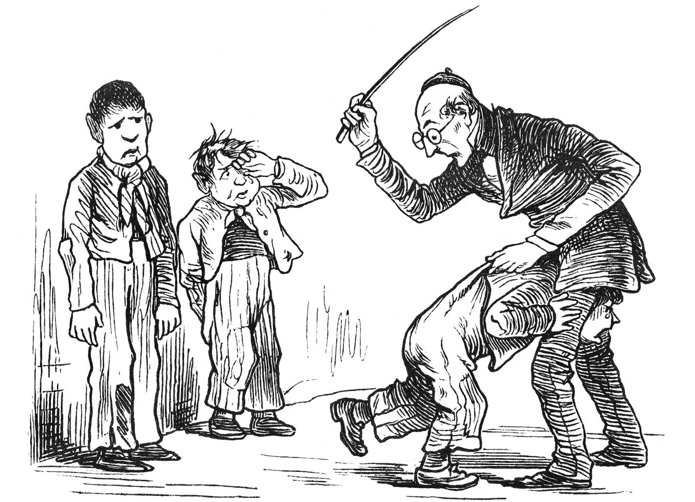 iStock
Steel engraving Elderly school teacher punishing a boy with a cane from 1876.