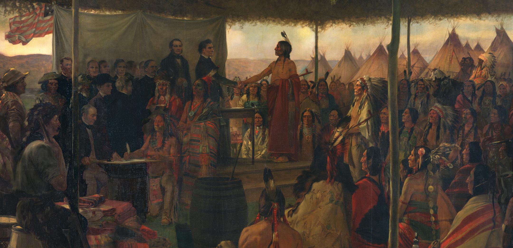 'The Signing of the Treaty of Traverse des Sioux' Painting in the Governor's Reception Room, Minnesota State Capitol Painter: Francis Davis Millet (1846-1912) Date: ca. 1905 Medium: Oil Primary Subject: Minnesota. Capitol (3rd). Interior. Governor's Reception Room and Office. Subject: Indians. Dakota. Santee. Government and relations with U.S. Government. Treaties and delegations. Subject: Minnesota. Capitol (3rd). Interior. Art.