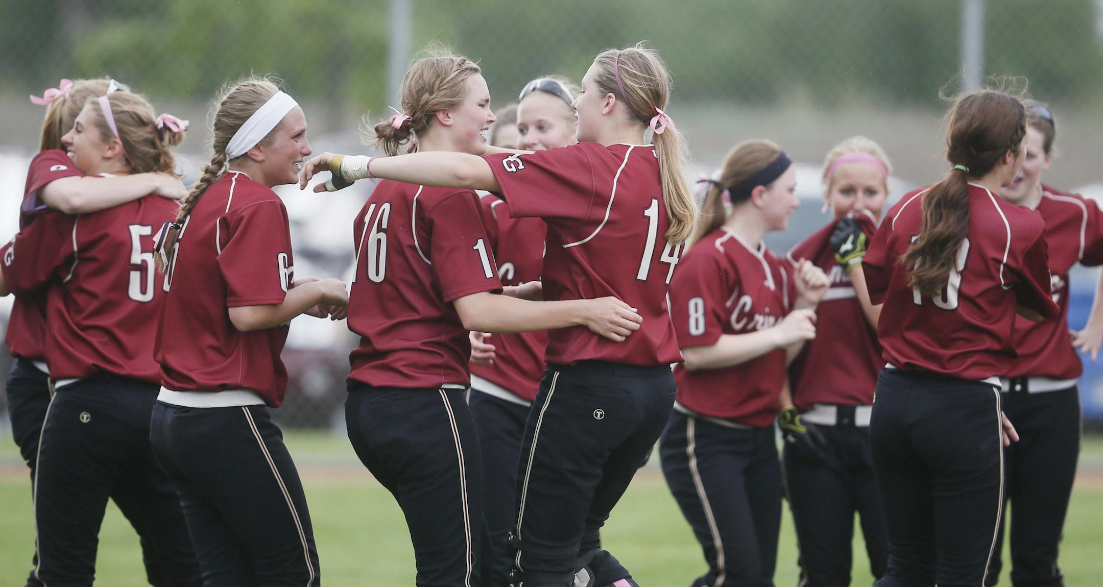 Members of the Maple Grove team celebrated their win over Coon Rapids during soft ball action between Maple Grove and Coon Rapids in Class 3A section 5 finals Thursday May, 30, 2013 in Shoreview , MN. ] JERRY HOLT ‚Ä¢ jerry.holt@startribune.com
