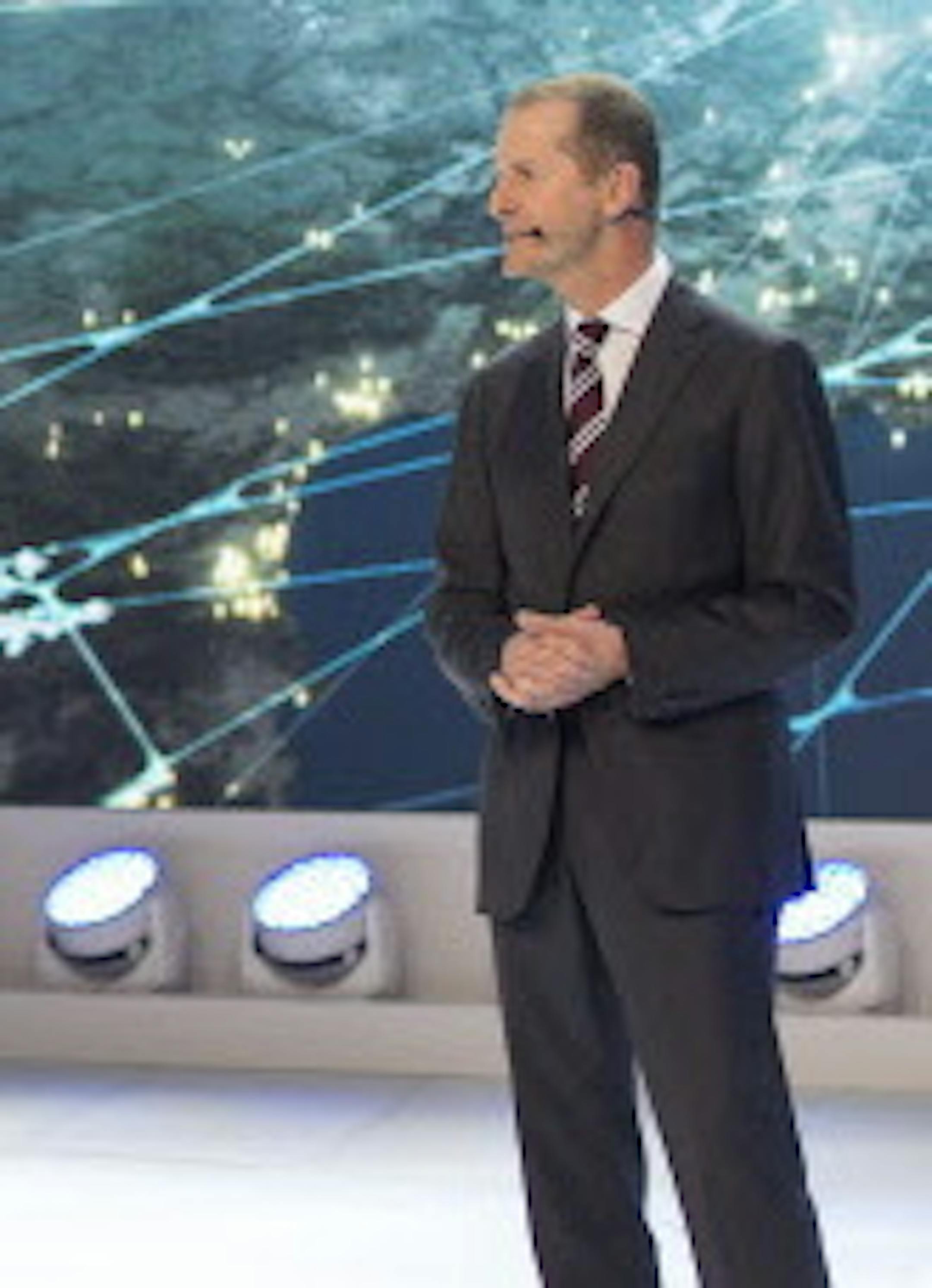 Herbert Diess, Chairman of the Board of Volkswagen presents the new T-Cross Breeze during the press day at the 86th international Motor Show in Geneva, Switzerland, Tuesday, March 1, 2016. The Motor Show will open its gates to the public from March 3rd to 13th, presenting more than 200 exhibitors and more than 120 world and European premieres. (Martial Trezzini/Keystone via AP)