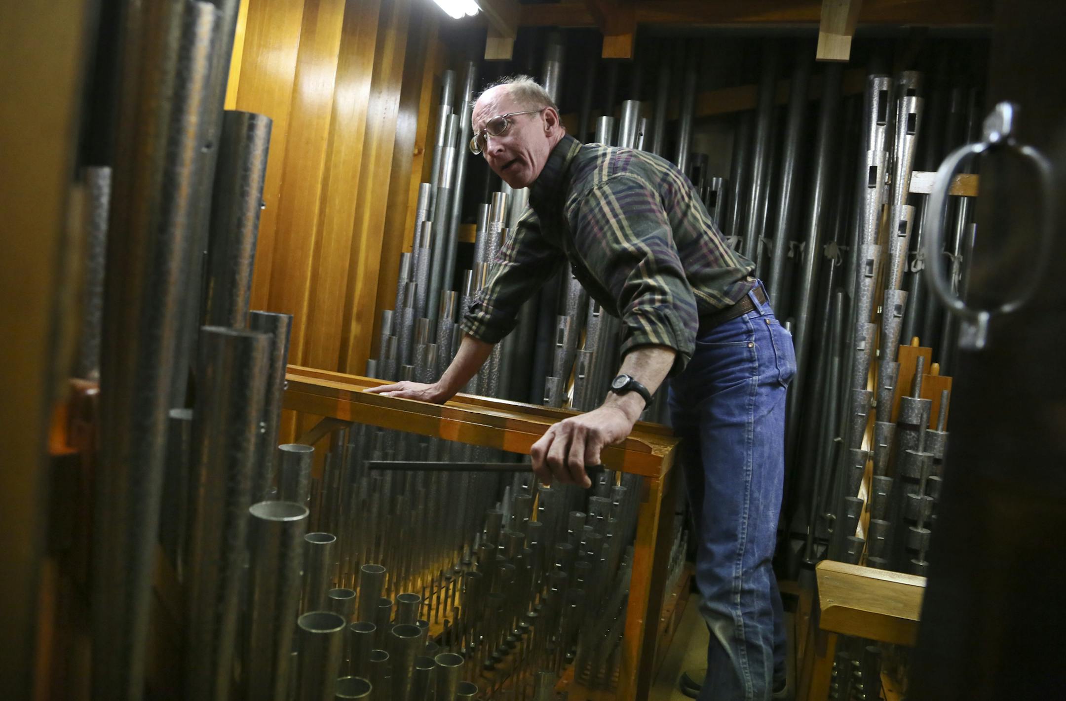 These Aeolian-Skinner Pipe Organs, featuring 4,000 pipes, 1,000 of which were added new, were fine tuned by Eric Johnson of Quimby Pipe Organs on Wednesday, Oct. 23, 2013, at the Cathedral of St. Paul in St. Paul.
