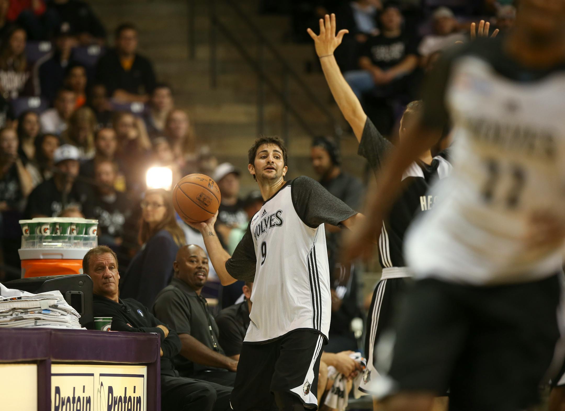 Ricky Rubio looked for an open receiver when inbounding the ball during one of the midnight scrimmages early Tuesday morning at Bresnan Arena in Taylor Center in Mankato.