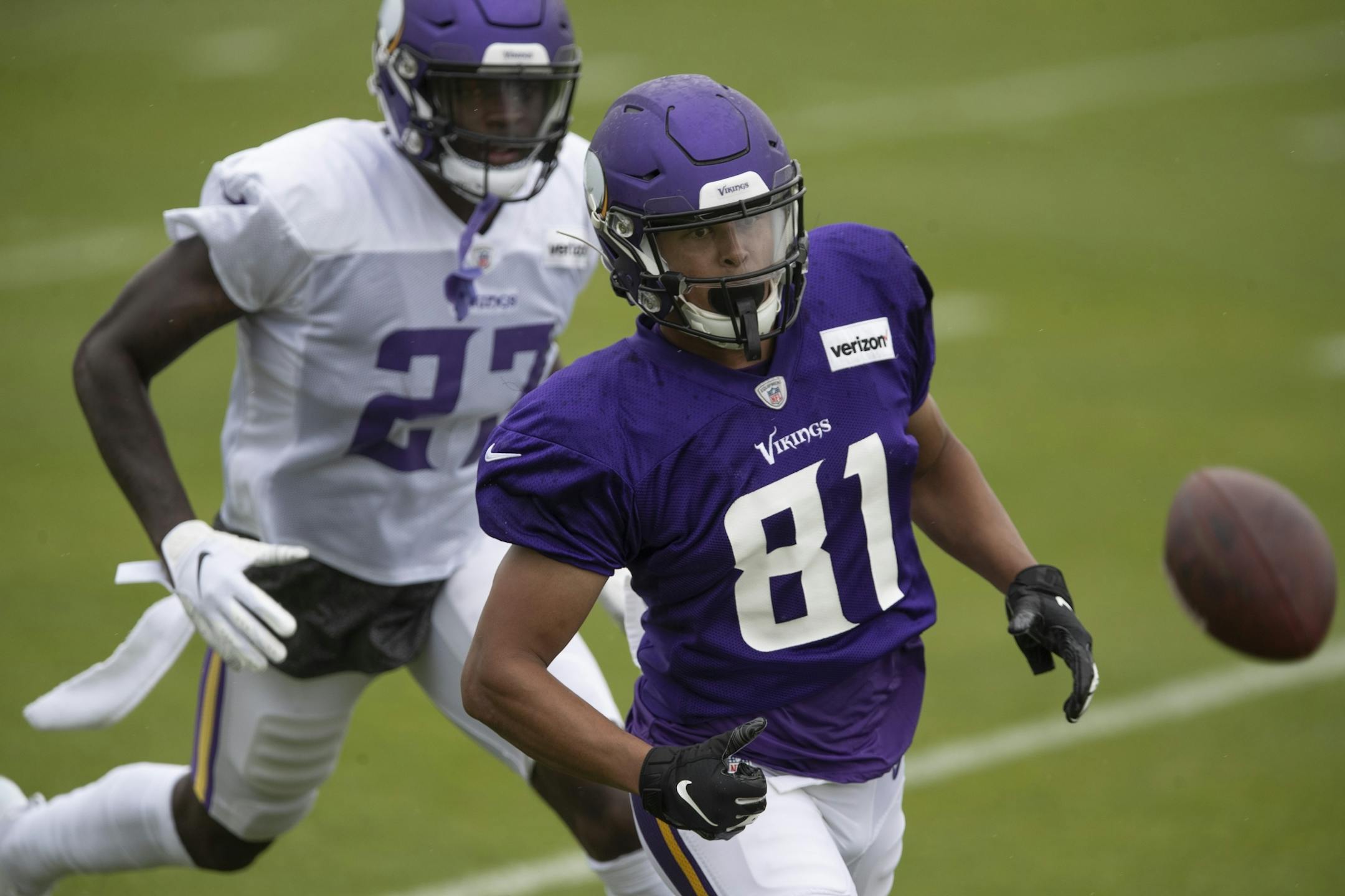 Minnesota Vikings wide receiver Olabisi Johnson (81) looked at pass that was over thrown during practice at TCO Performance Center on Sunday July, 28 2019 in Eagan, MN.