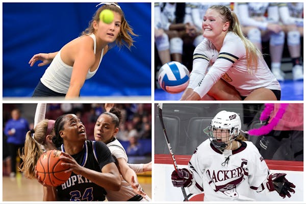 Clockwise from top left: Petra Lyon of Breck, Mikayla McDougall of East Ridge, Sarah Wincentsen of South St. Paul and Nunu Agara of Hopkins are among 