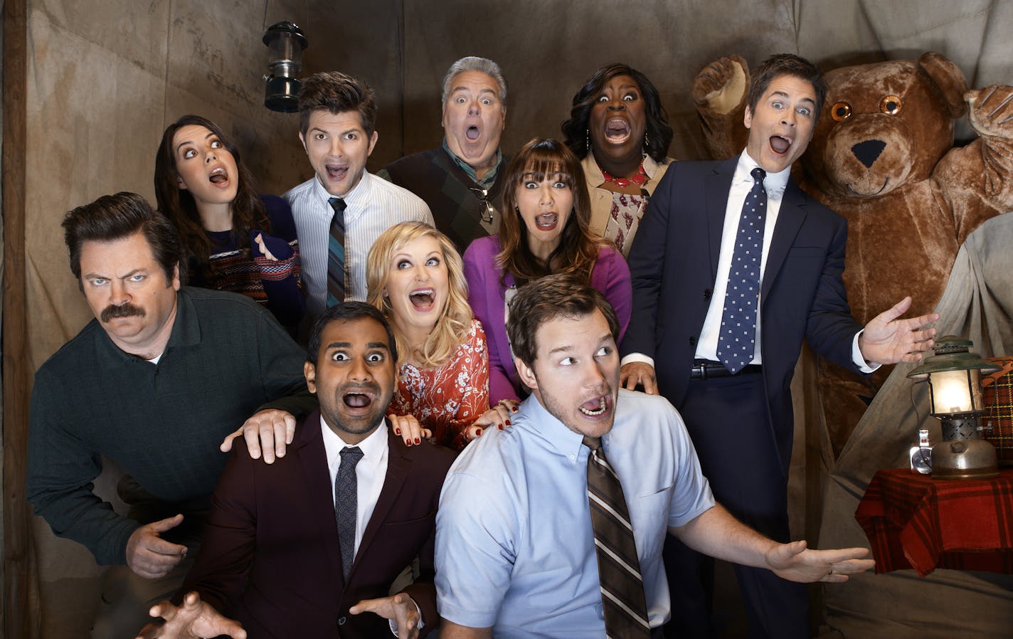 PARKS AND RECREATION -- Season: 5 -- Pictured: (l-r) Nick Offerman as Ron Swanson, Aubrey Plaza as April Ludgate, Aziz Ansari as Tom Haverford, Adam Scott as Ben Wyatt, Amy Poehler as Leslie Knope, Jim O'Heir as Jerry Gergich, Rashida Jones as Ann Perkins, Chris Pratt as Andy Dwyer, Retta as Donna Meagle, Rob Lowe as Chris Traeger -- (Photo by: Chris Haston/NBC) ORG XMIT: Season: 5