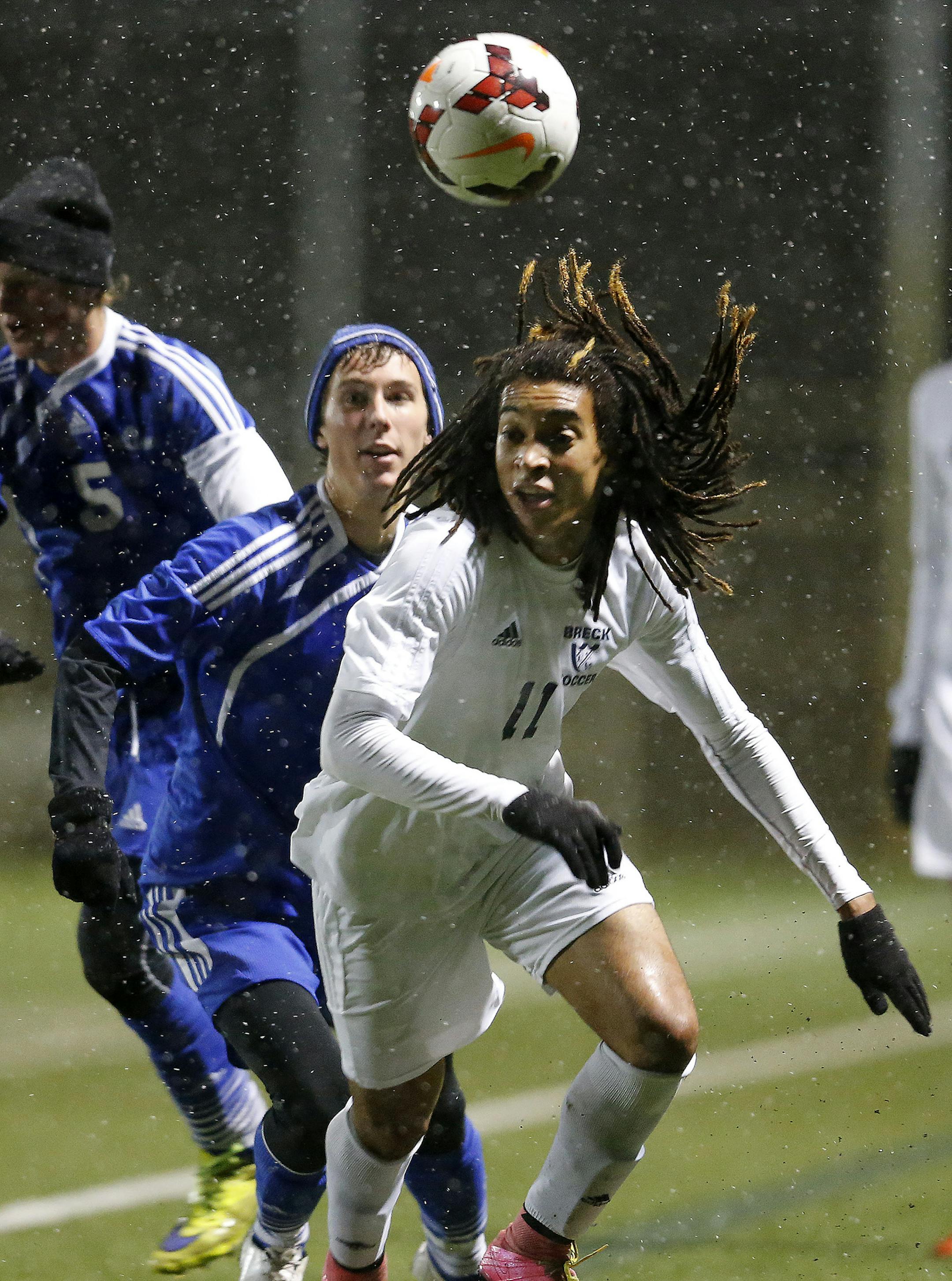 Avi Eller (11) of Breck scored twice against Sartell-St. Stephen in a 3-1 Mustangs’ win in the Class 1A girls' soccer quarterfinals.