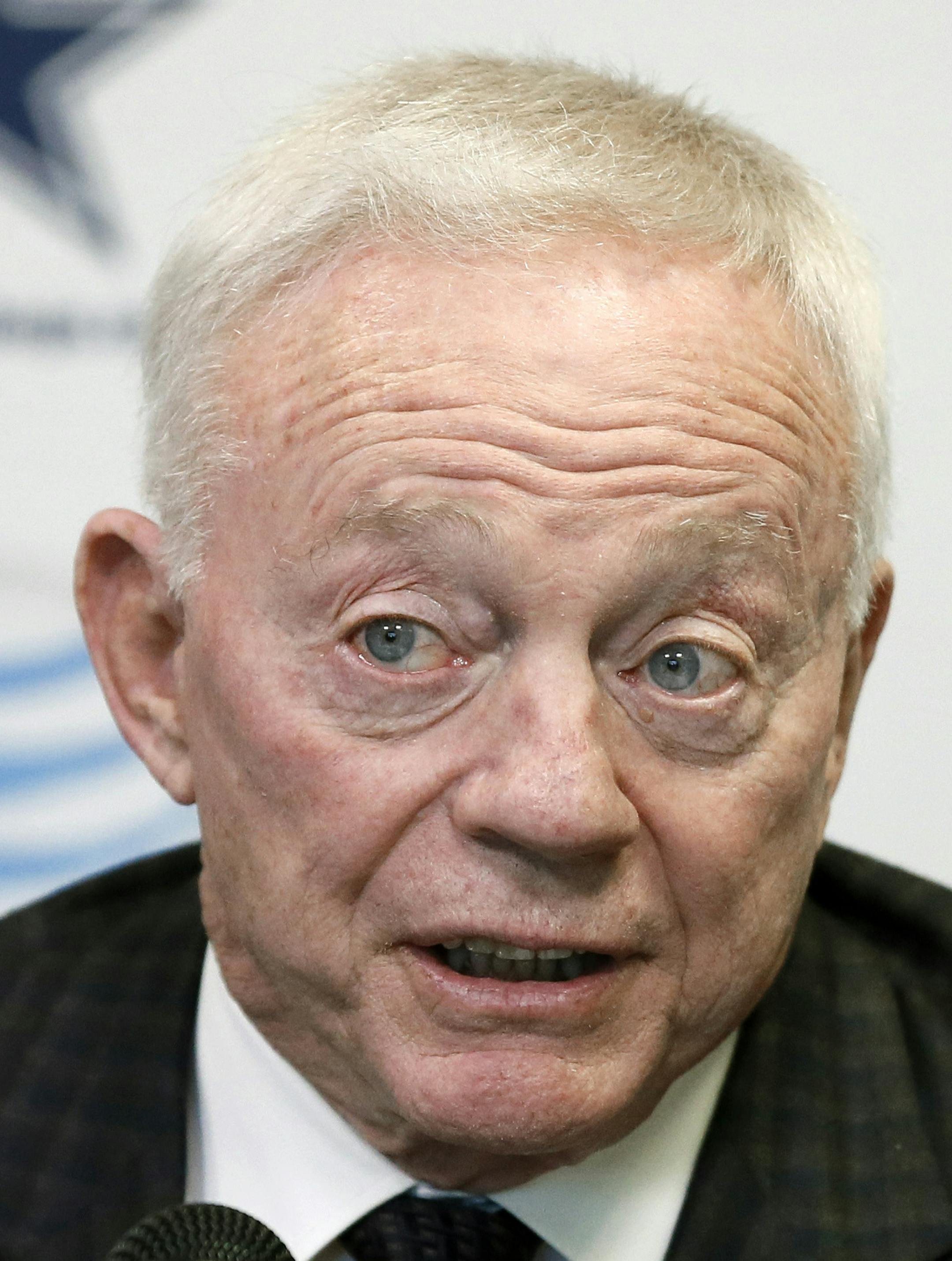 FILE - In this Jan. 15, 2015, file photo, Dallas Cowboys team owner Jerry Jones responds to a question during a news conference at the teams headquarters in Irving, Texas. Jones said Tuesday, March 10, 2015, he regretted the fact that some fans ended up without seats during the 2011 Super Bowl at his billion-dollar showplace stadium as he testified in a lawsuit by fans who sued the NFL. (AP Photo/Tony Gutierrez, File) ORG XMIT: MIN2015031820043970