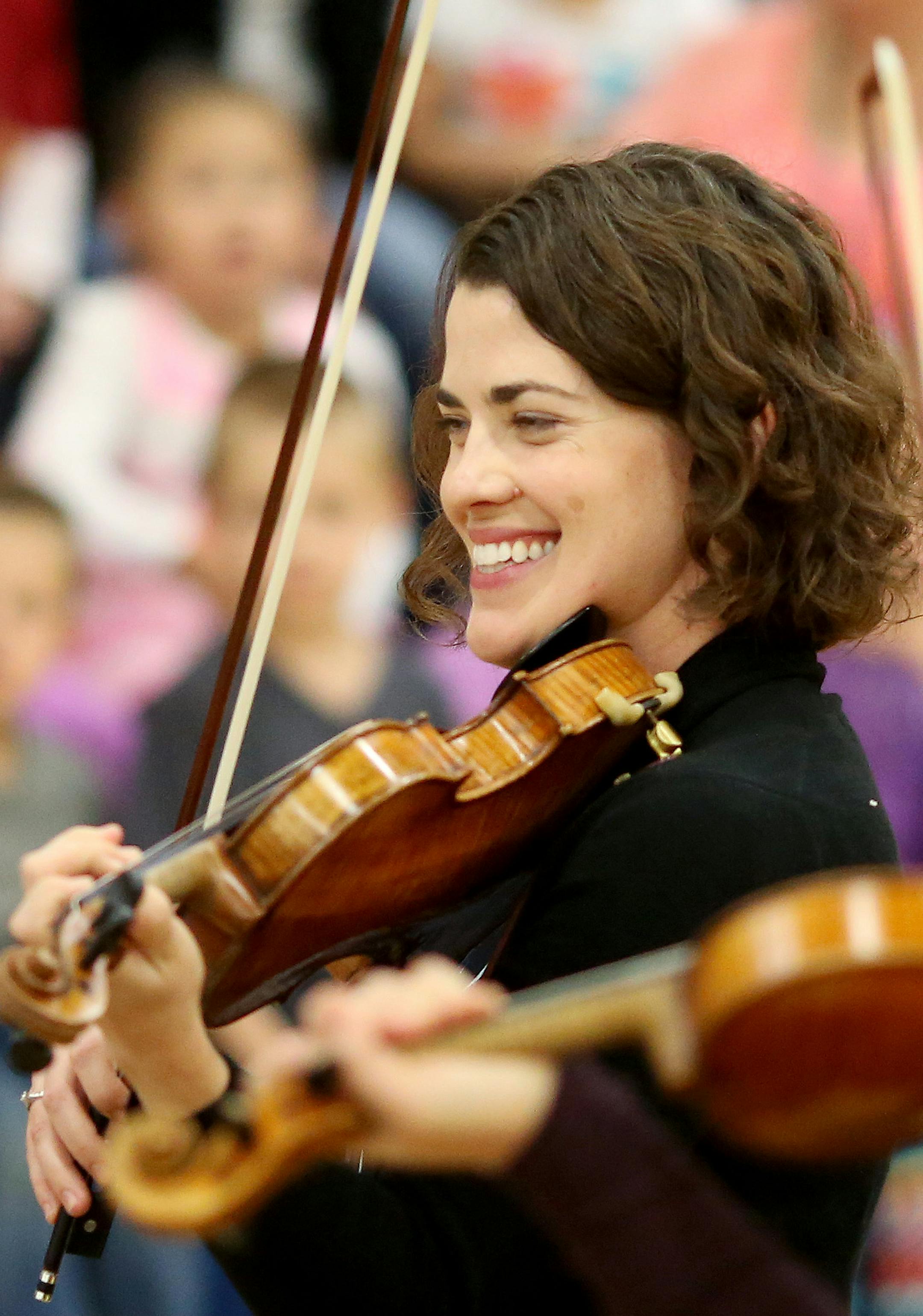 Cecilia Belcher was part of the orchestra's string quartet that performed at Ogema Elementary School in Waubun, Minn., last week.