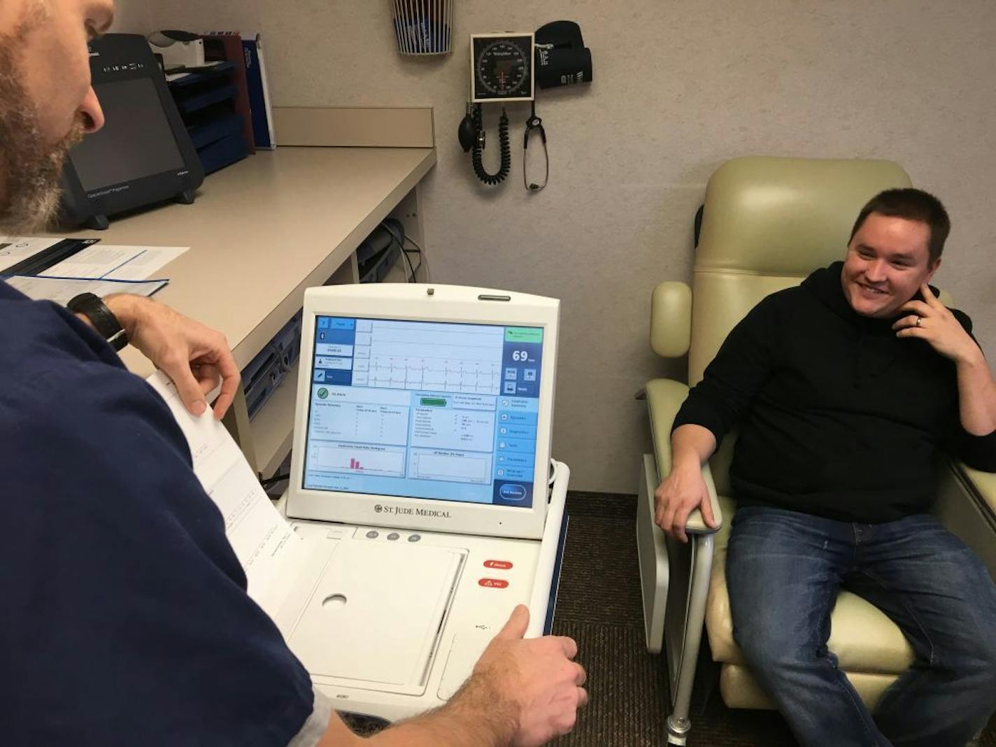 Coon Rapids resident John Bottko undergoes testing of the small implantable heart monitor that was implanted in him to look for signs of an irregular heart rate caused by his hypertrophic cardiomyopathy. Bottko, a patient at the Metropolitan Heart and Vascular Institute in Coon Rapids, was the first person in the state to have Abbott Laboratories' Confirm Rx heart monitor implanted in Minnesota.