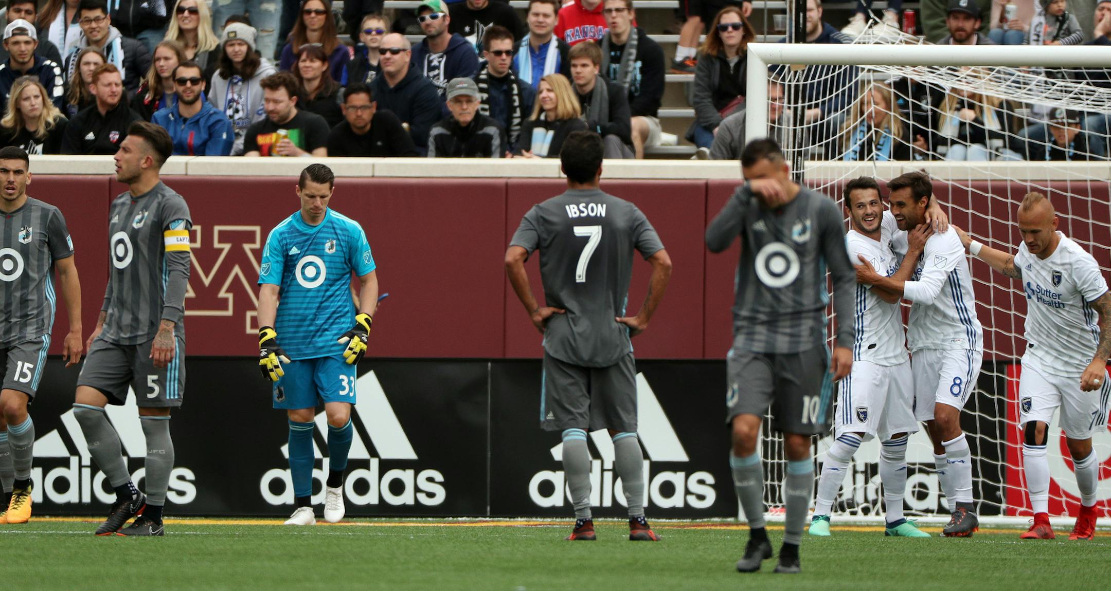 Minnesota United players including goalkeeper Bobby Shuttleworth (33) reacted after San Jose Earthquakes forward Chris Wondolowski (8) scored in the second half. ] ANTHONY SOUFFLE ï anthony.souffle@startribune.com The Minnesota United played the San Jose Earthquakes in an MLS match Saturday, May 12, 2018 at TCF Bank Stadium in Minneapolis.