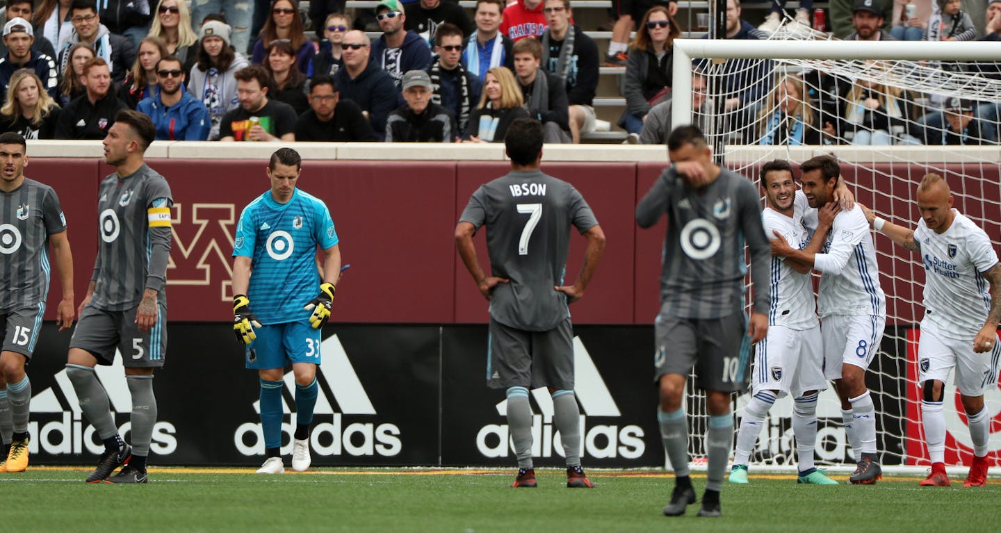 Minnesota United players including goalkeeper Bobby Shuttleworth (33) reacted after San Jose Earthquakes forward Chris Wondolowski (8) scored in the second half. ] ANTHONY SOUFFLE &#xef; anthony.souffle@startribune.com The Minnesota United played the San Jose Earthquakes in an MLS match Saturday, May 12, 2018 at TCF Bank Stadium in Minneapolis.