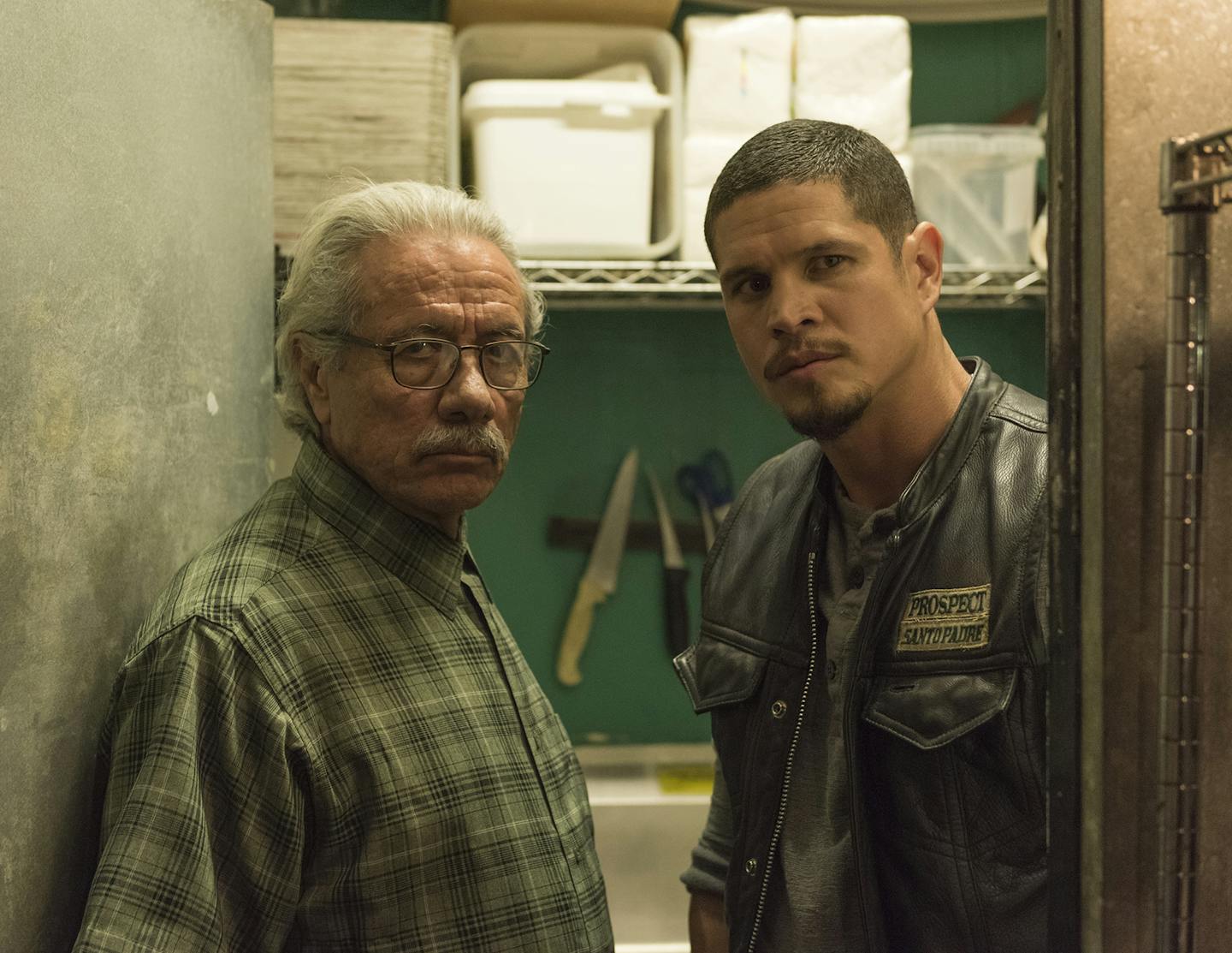 MAYANS M.C. -- Pictured: Edward James Olmos as Felipe Reyes, JD Pardo as EZ Reyes. CR: Prashant Gupta/FX