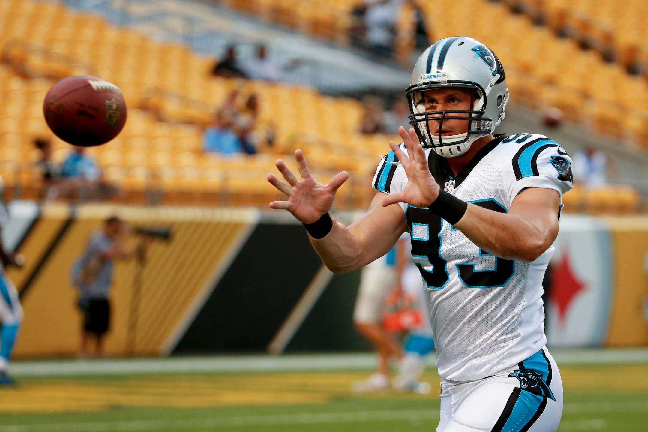 Carolina Panthers linebacker Jason Trusnik (93) before an NFL football preseason game between the Pittsburgh Steelers and the Carolina Panthers, Thursday, Sept. 3, 2015 in Pittsburgh. (AP Photo/Gene J. Puskar)