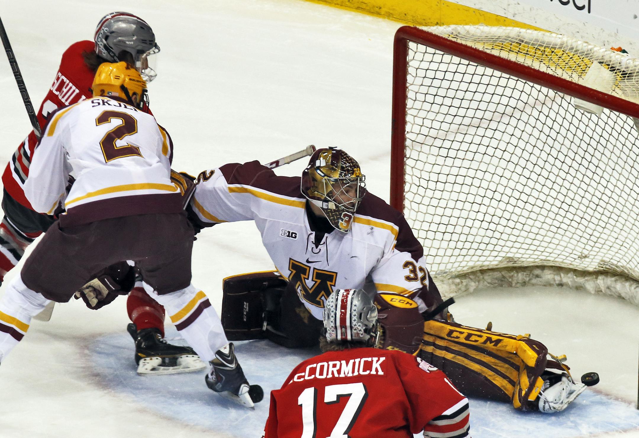 Gophers goalie Adam Wilcox watched the puck slip past him after Buckeyes Nick Schilkey tapped it in during first period actiion. ] Big Ten Mens Hockey Tournament - Minnesota Gophers vs. Ohio State Buckeyes. (MARLIN LEVISON/STARTRIBUNE(mlevison@startribune.com)