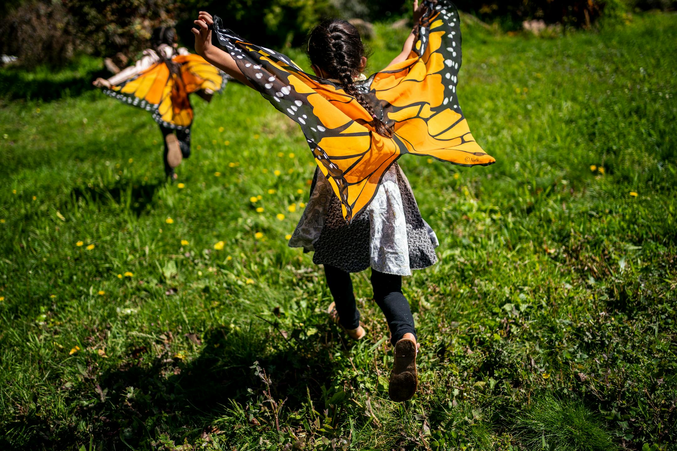 Children dressed as butterflies run in a pollinator garden at the Gardens at Lake Merritt in Oakland, Calif., on March 16, 2021.