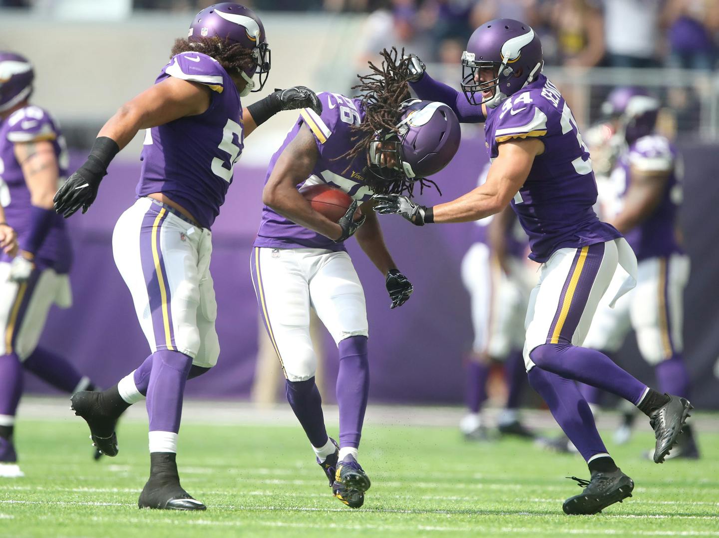 Minnesota Vikings cornerback Trae Waynes (26) celebrated his interception with teammates Eric Kendricks (54), and Andrew Sendejo (34) U.S. Bank Stadium Sunday September 24,2017 in Minneapolis ,MN. ] JERRY HOLT &#xef; jerry.holt@startribune.com Jerry Holt