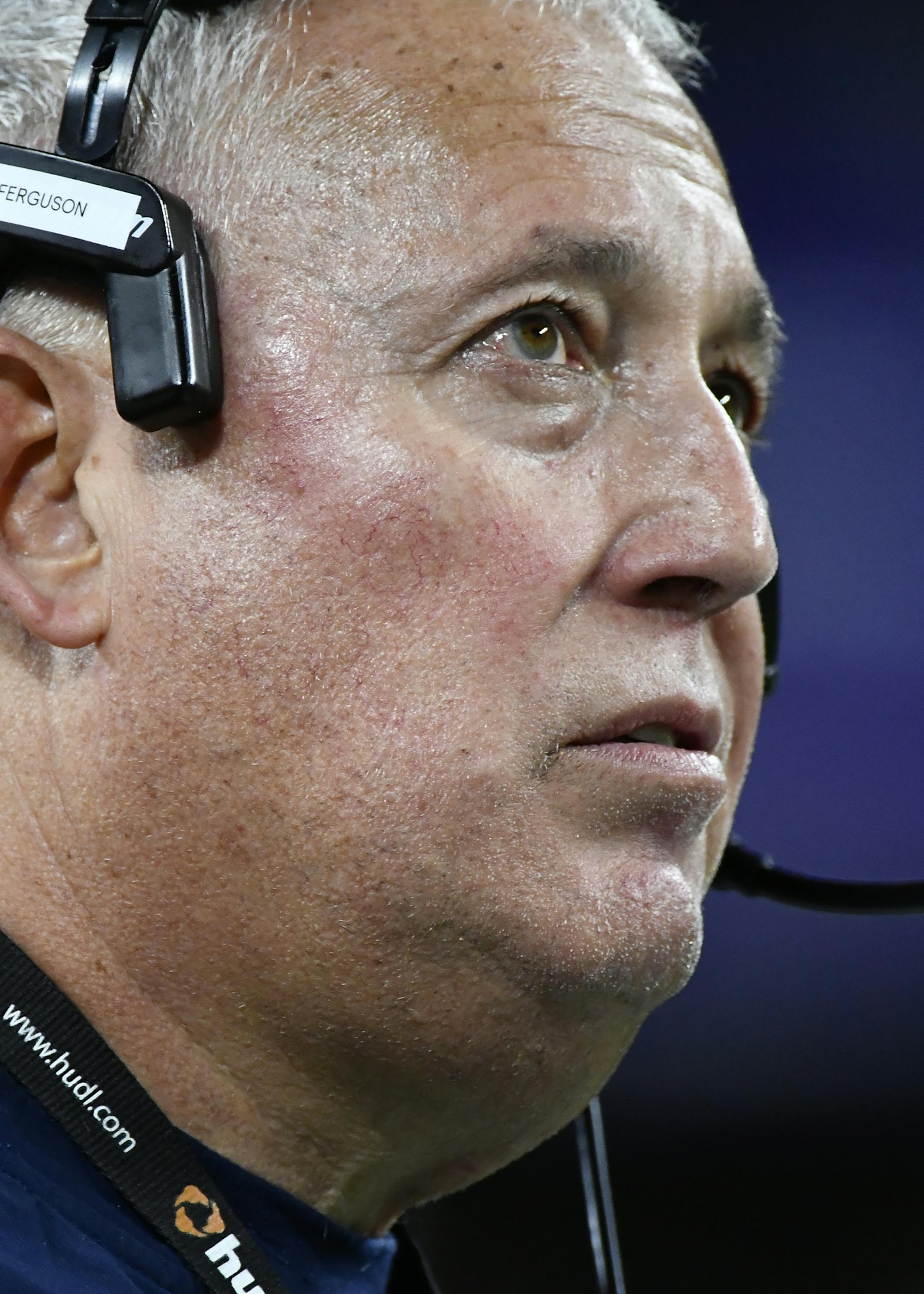 Totino Grace head coach Jeff Ferguson watched a replay during the fourth quarter Friday night. ] (AARON LAVINSKY/STAR TRIBUNE) aaron.lavinsky@startribune.com Eden Prairie played Totino Grace in the Class 6A Championship Game of the the Prep Bowl on Friday, Nov. 25, 2016 at U.S. Bank Stadium in Minneapolis, Minn. ORG XMIT: MIN1611252310161769