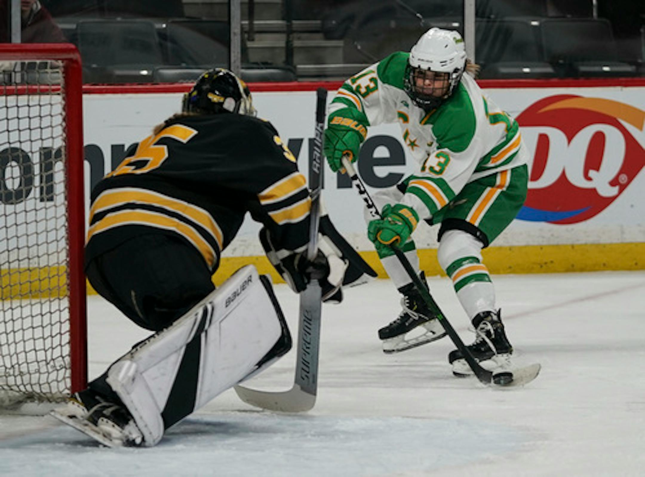 Edina High School forward Lucy Bowlby (13) faced off with Burnsville High School goaltender Maria Widen (35) who blocked her shot on goal in the second period. ] RENEE JONES SCHNEIDER ¥  renee.jones@startribune.com Class AA girls state hockey quarterfinals Edina High School verses Burnsville High School at the Xcel Energy Center in St. Paul , Minn., on Thursday, February 20, 2020.