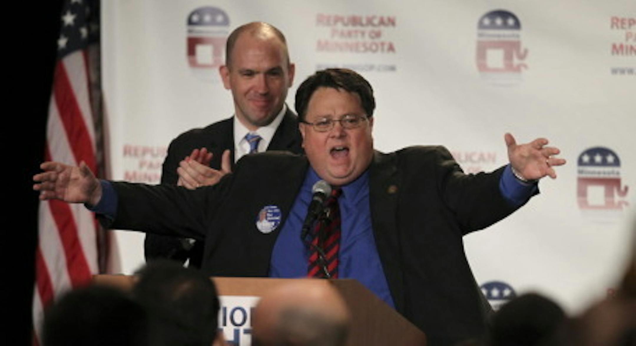 Tony Sutton on election night 2010, with Brodkorb standing behind him/Star Tribune file