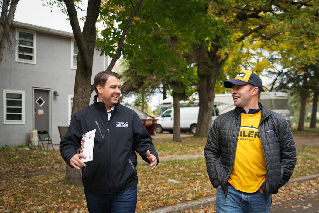 Republicans Tom Weiler, right, and Minnesota state auditor candidate Ryan Wilson campaigned in Anoka on Oct. 15.