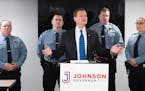 The Minneapolis Police union endorsed Jeff Johnson for governor at a news conference with Johnson and union president Bob Kroll. Behind Jeff Johnson a