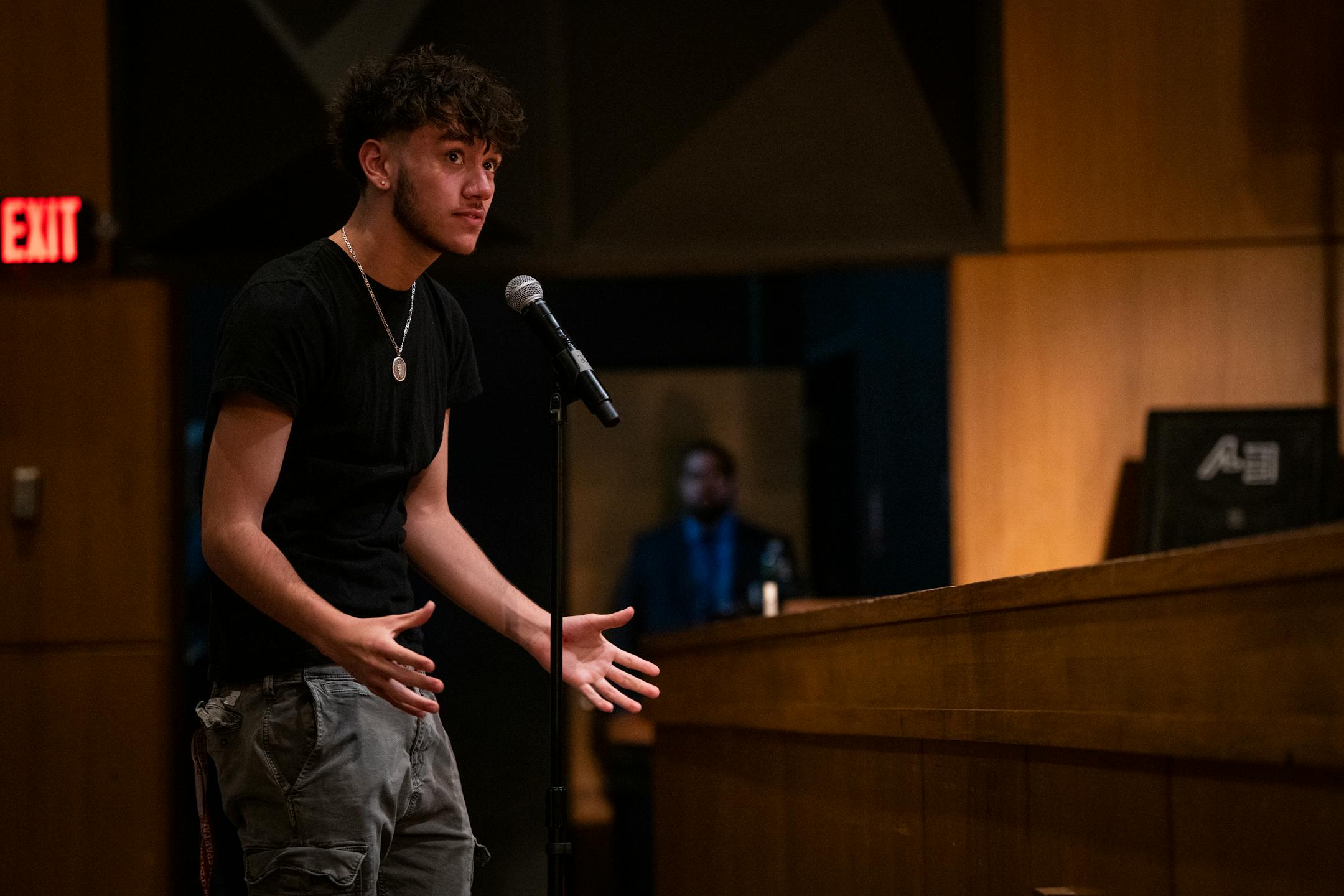 Richfield High School student Devin Dernell asks a question of the Minnesota Supreme Court during a Q&amp;A after the Court convened to hear oral arguments in the case Cruz-Guzman v. State of Minnesota inside the auditorium at Richfield High School.